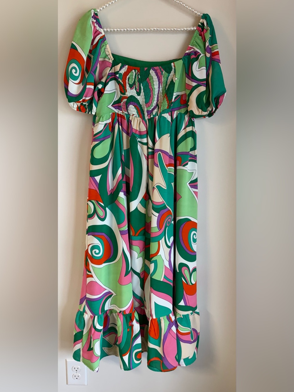 TCEC Retro Groovy Swirl Print Maxi Dress Size M Puff Sleeve Smocked Back - Picture 2 of 10